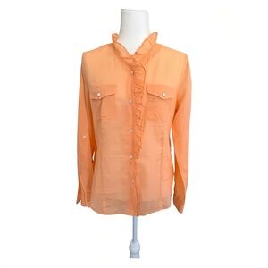 Talbots W’s Cotton Semi-Sheer Ruffle Blouse 10 Orange Long Sleeve Button Down